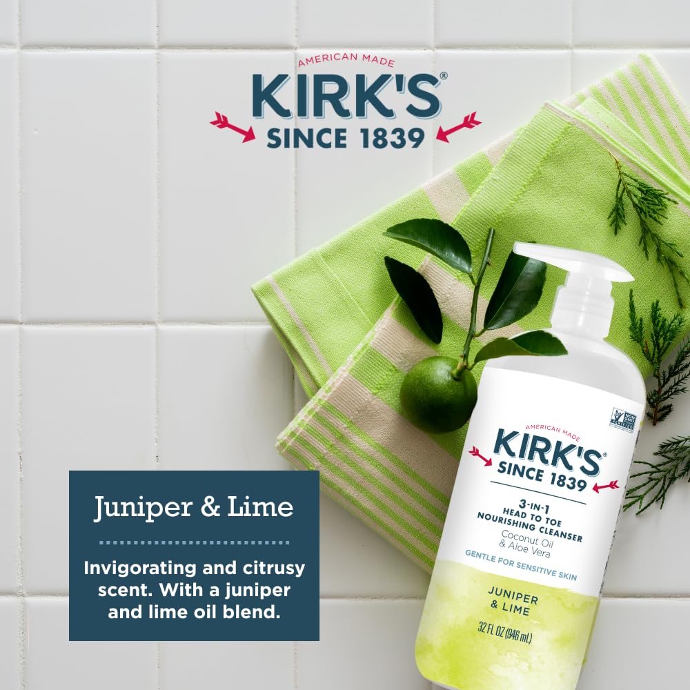Kirk's Juniper & Lime 3-in-1 Nourishing Cleanser and Travel Bar Soap, Shampoo Body Wash Bubble Bath, Coconut Oil and Aloe Vera, Vegan Non-GMO, 32 Fl Oz
