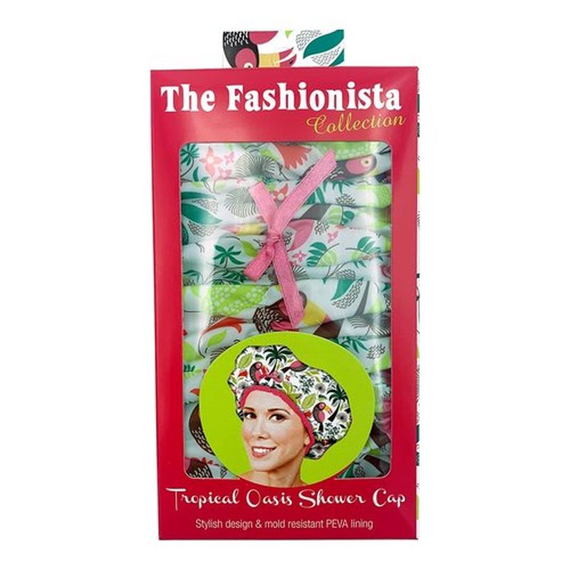 Reusable Shower Cap & Bath Cap & Lined, Oversized Waterproof Shower Caps Large Designed for all Hair Lengths with PEVA Lining & Elastic Band Stretch Hem Hair Hat - Fashionista Tropical