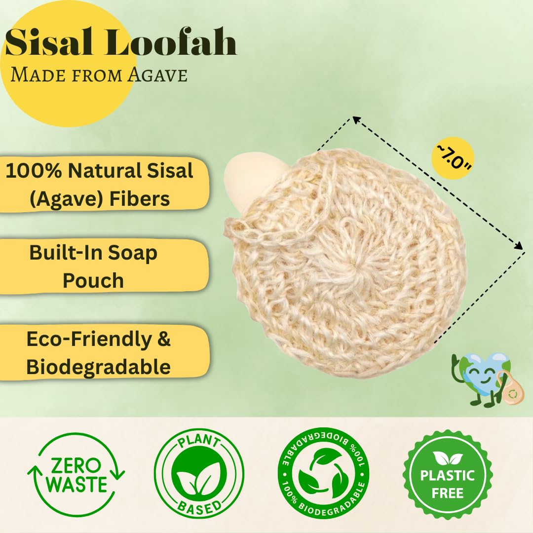 Natural Loofah Body Scrubber – Exfoliating Loofah Sponge, Handwoven Sisal Agave with Soap Pouch, Eco-Friendly Arabic - Turkish Bath Washcloth for Women & Men (2-Pack)