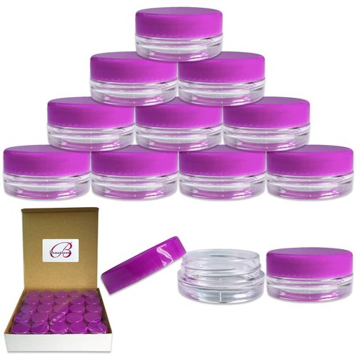 Beauticom 3g/3ml (0.1 Fl Oz) Round Clear Plastic Jars with Round Top Lids for Creams, Lotions, Make Up, Powders, Glitters, and more... (Color: Purple Lid Quantity: 50 Pieces)