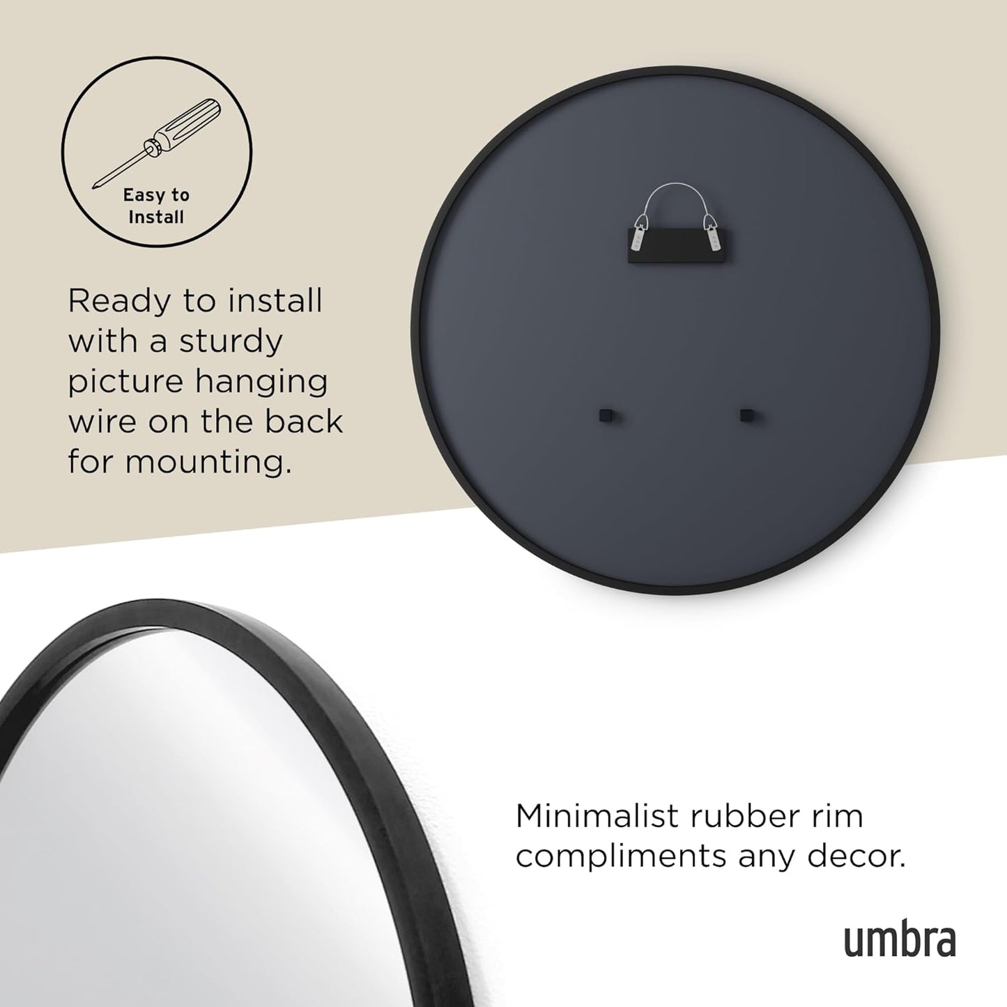 Umbra Hub Round Wall Mirror with Rubber Frame, Modern Style for Bathroom, Entryway, Living Room and More, 24-Inch, Black