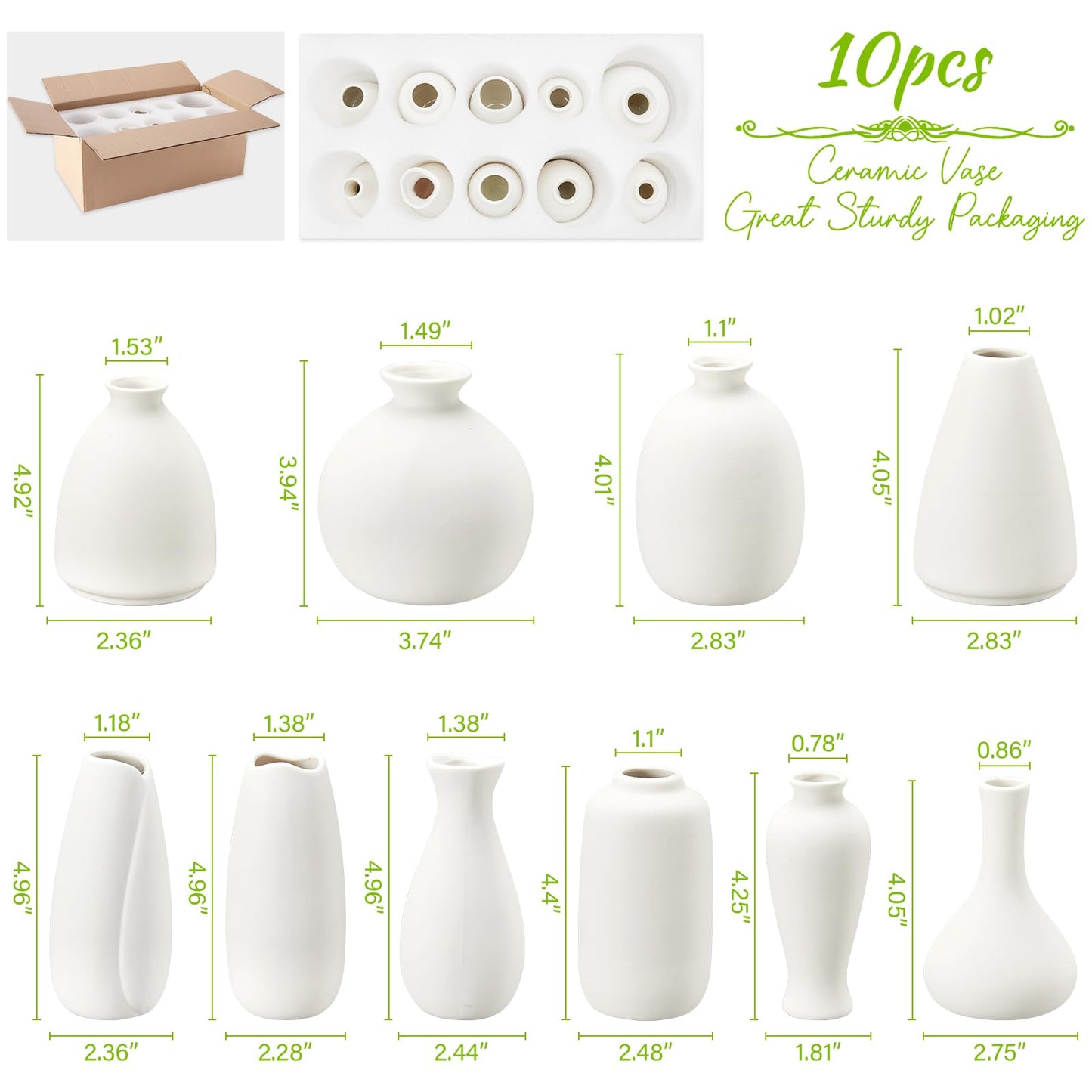 10pc Ceramic Bud Vases Set - 2-3 Inch White Small Vases Collection for Flowers | Boho & Modern Ceramic Vase Set for Table Décor, Wedding, Cute Vase Home Decor