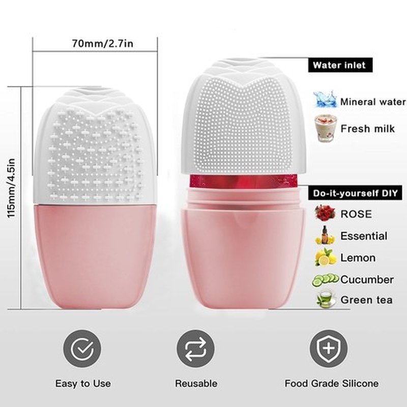KOGITI Ice Mold for Face, Ice Roller for Face & Eye, Beauty Facial Ice Rollers Ice Holder Mold Face Puffiness Relief Massage Skin Care Tools, Ice Facial Cube (Brush-Pink White)