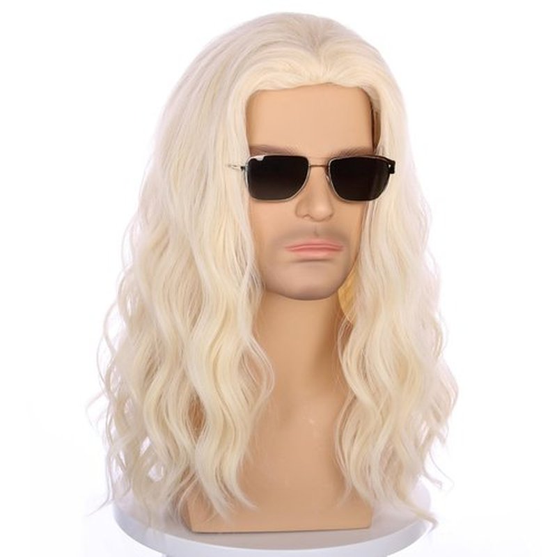PATTNIUM Mens Light Blonde Wig Long Wavy Blonde Wig for Men Male Wig Blonde Shoulder Length Hair Wig Synthetic Wig with Wig Cap