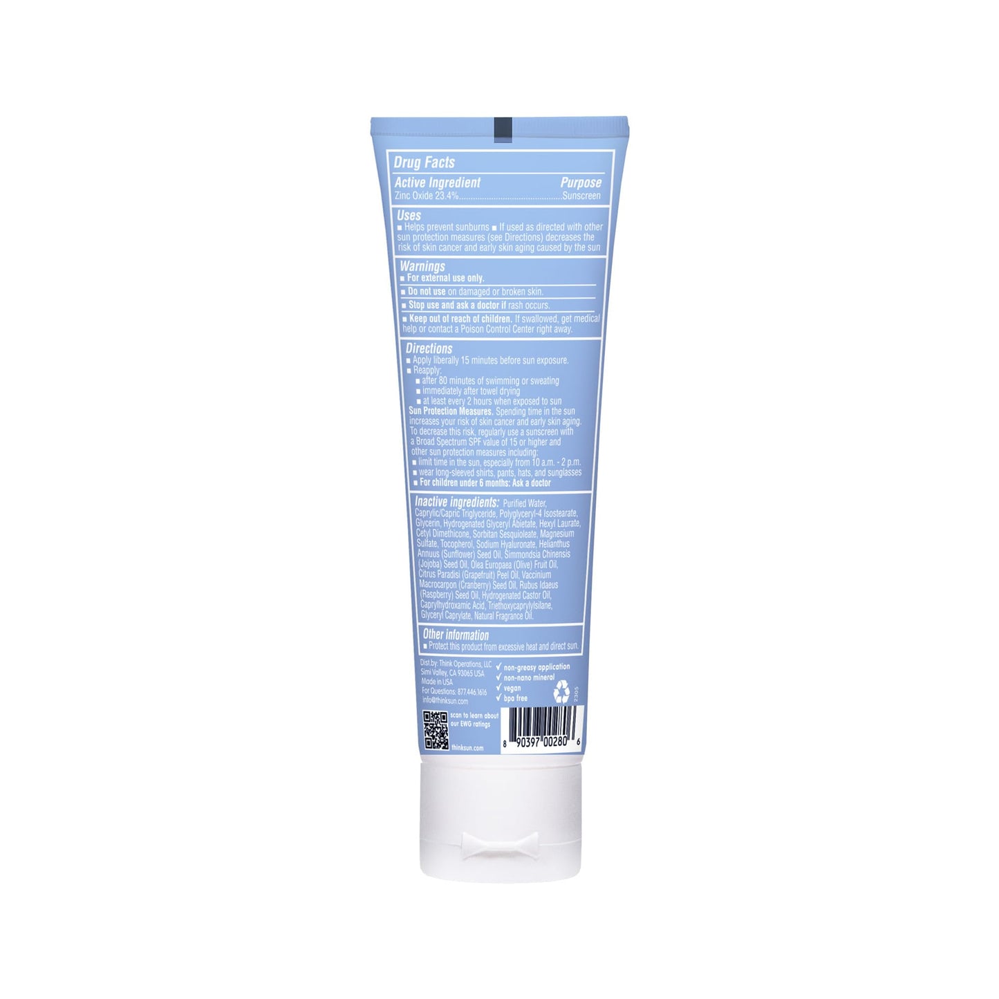 Thinksport Mineral Sunscreen SPF 50+ Zinc Oxide, Water Resistant, 3 Fl Oz