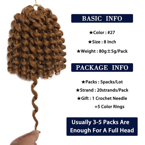 Wand Curl Crochet Braids Hair 8 Inch Jamaican Wand Curl Ombre Crochet Hair Jamaican Bounce Crochet Hair Colored Crochet Braids Ringlet Twist Hair Extension Crochet Hair(5PCS,27#)