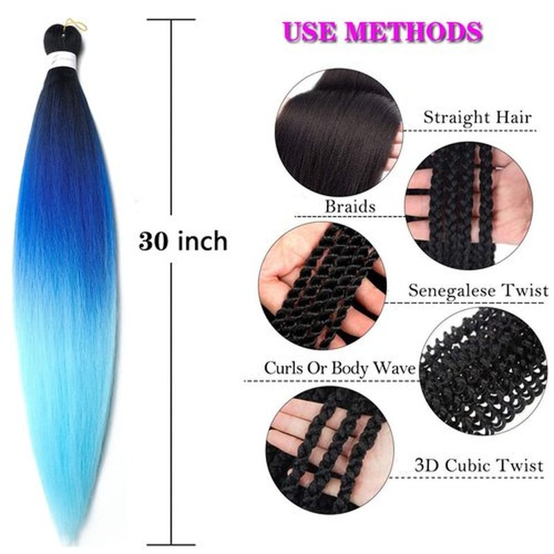 Pre Stretched Braiding Hair Extensions 30 Inch 6 Packs Long Professional Crochet Twist Braids Hair High Temperature Synthetic Fiber Yaki Texture(30",black-blue-sky blue)