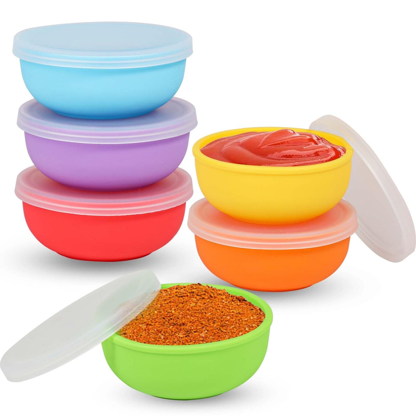 KOLUTI Nonstick Silicone 2oz Pinch Bowls Set of 6, Mini Colorful Condiment Sauce Dip Prep Bowl with Lid, Snack Serving Food Storage Mixing Containers for Side Dish, Microwave & Freezer Safe