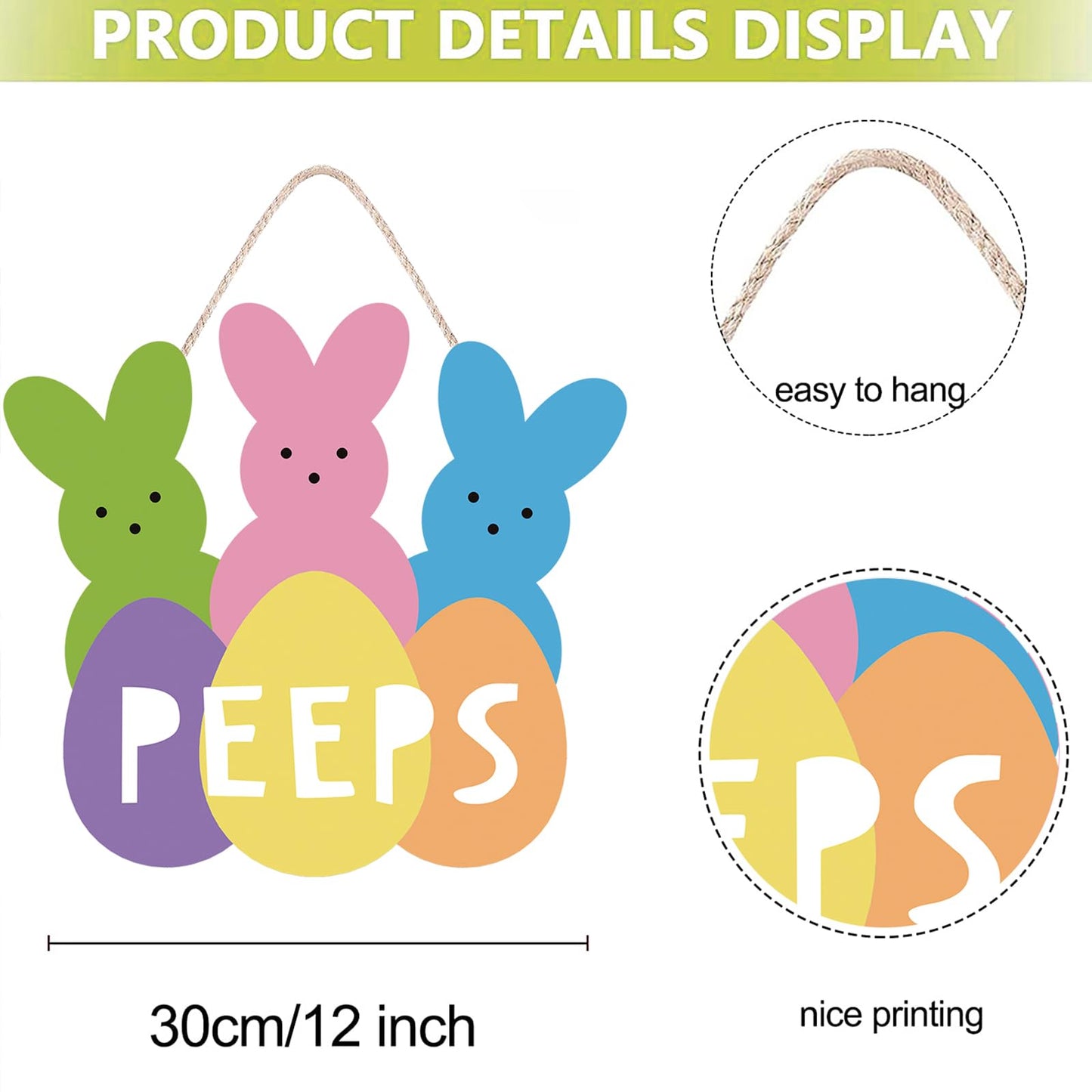 Easter Wreath Hanging Sign, Welcome Peeps Easter Door Decorations Cute Bunny Wood Hanger Wall Decor Home Window Farmhouse Door Sign Front Door