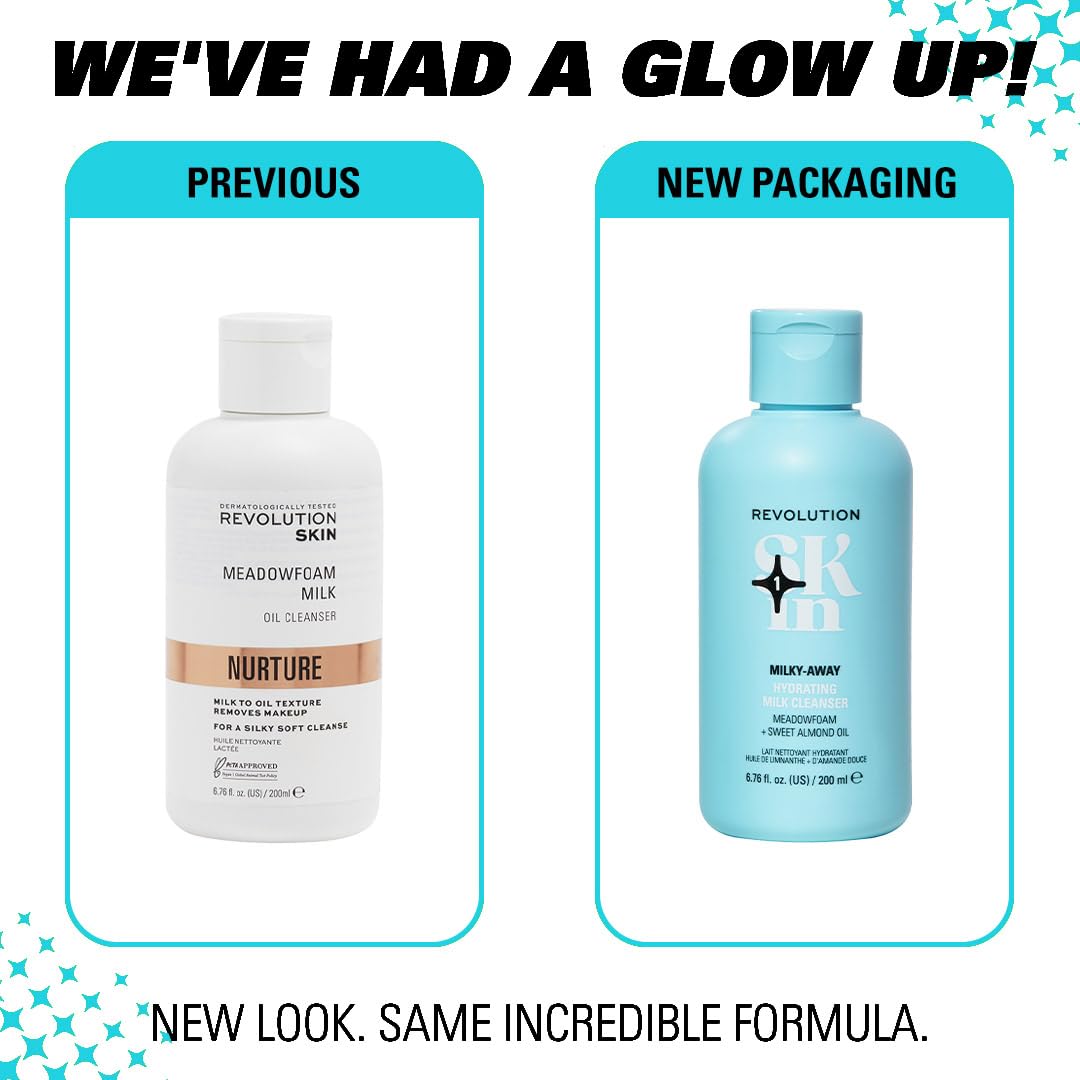 Revolution Skin, Milky-Away Meadowfoam & Sweet Almond Oil Hydrating Milk Cleanser, Face Wash for Makeup Removal, For All Skin Types, Vegan & Cruelty-Free, 6.76 fl oz