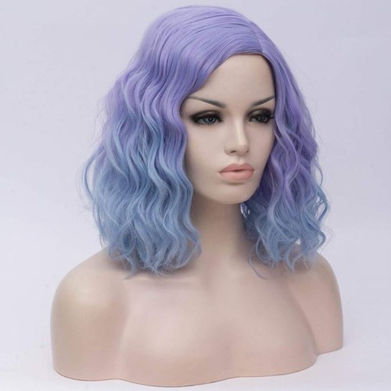 Cying Lin Short Bob Wavy Curly Wig Purple Ombre Light Blue Wig For Women Cosplay Halloween Wigs Heat Resistant Bob Party Wig Include Wig Cap (Purple Ombre Light Blue)