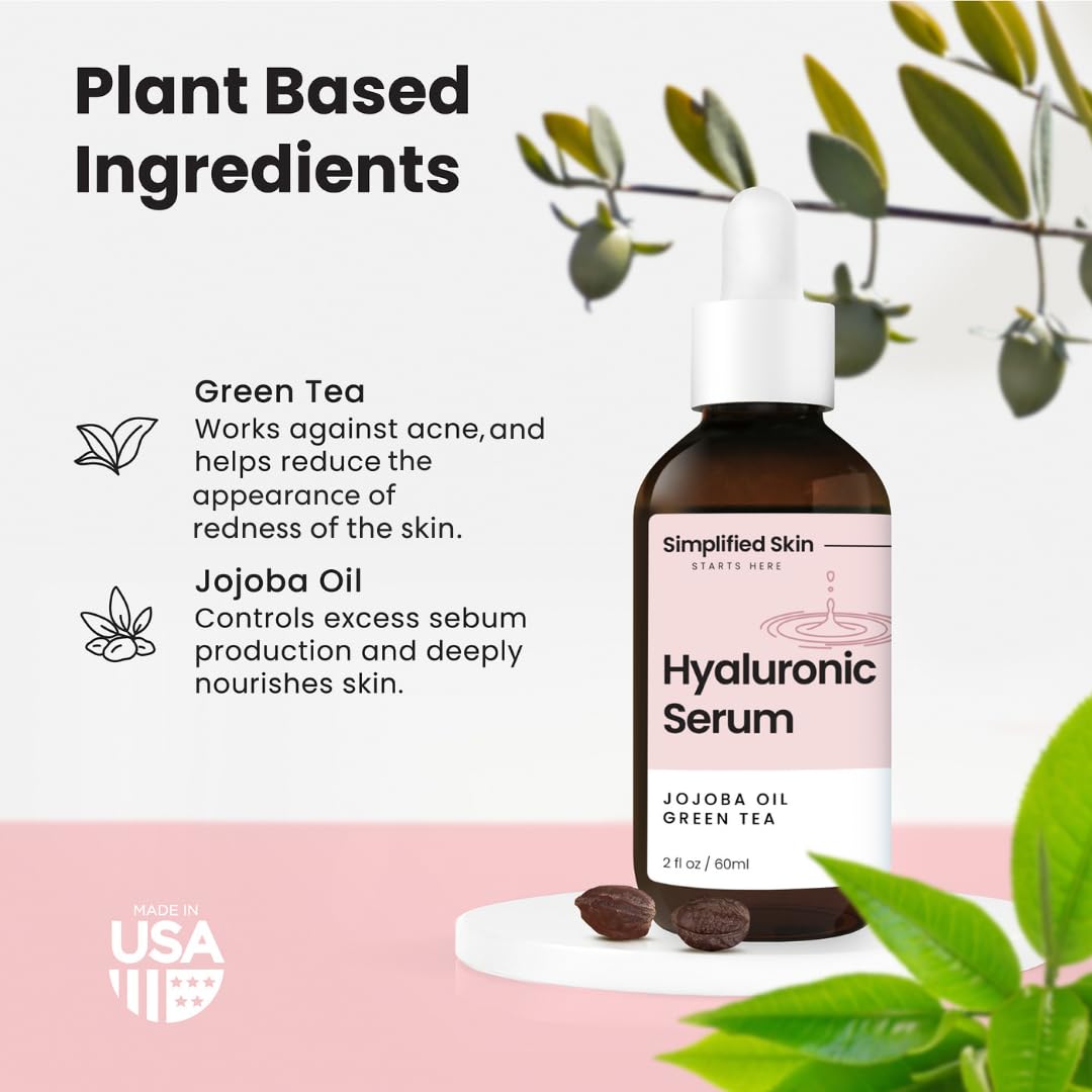 Simplified Skin Hyaluronic Acid Face Serum – Hydrating, Plumping & Youthful Skin - Anti-Aging Formula with Vitamin C, Jojoba Oil & Green Tea – 2 Fl Oz