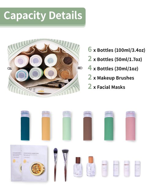 Narwey Cute Makeup Bag Travel Cosmetic Bag Organizer Toiletry Bag Make Up Bags with Compartments for Women (Large, Mint Green Stripe)