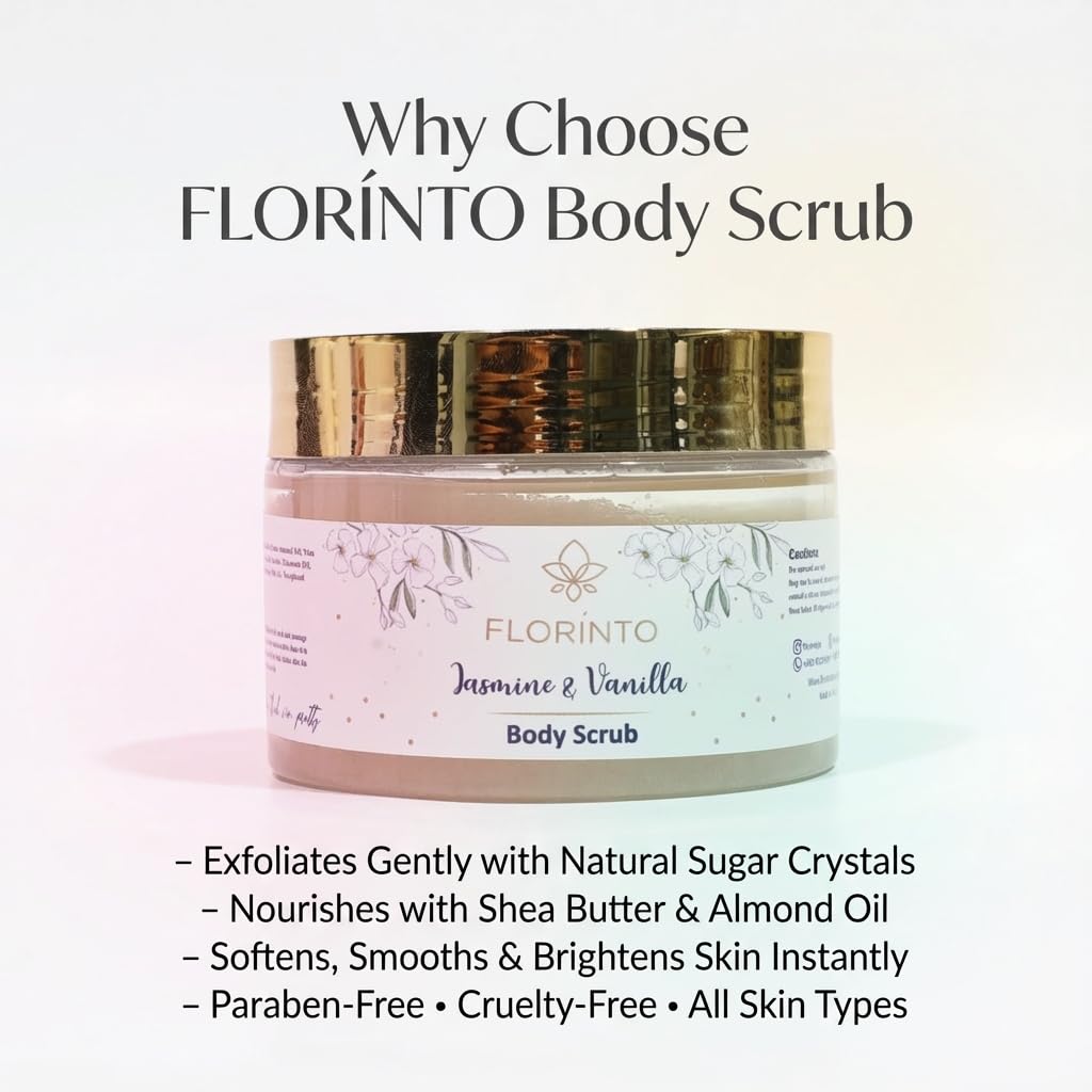 FLORÍNTO Body Scrub – Exfoliating & Moisturizing Sugar Scrub with Shea Butter, Natural Oils & Vitamin E – Soft, Smooth & Glowing Skin – 350 g (Rose)