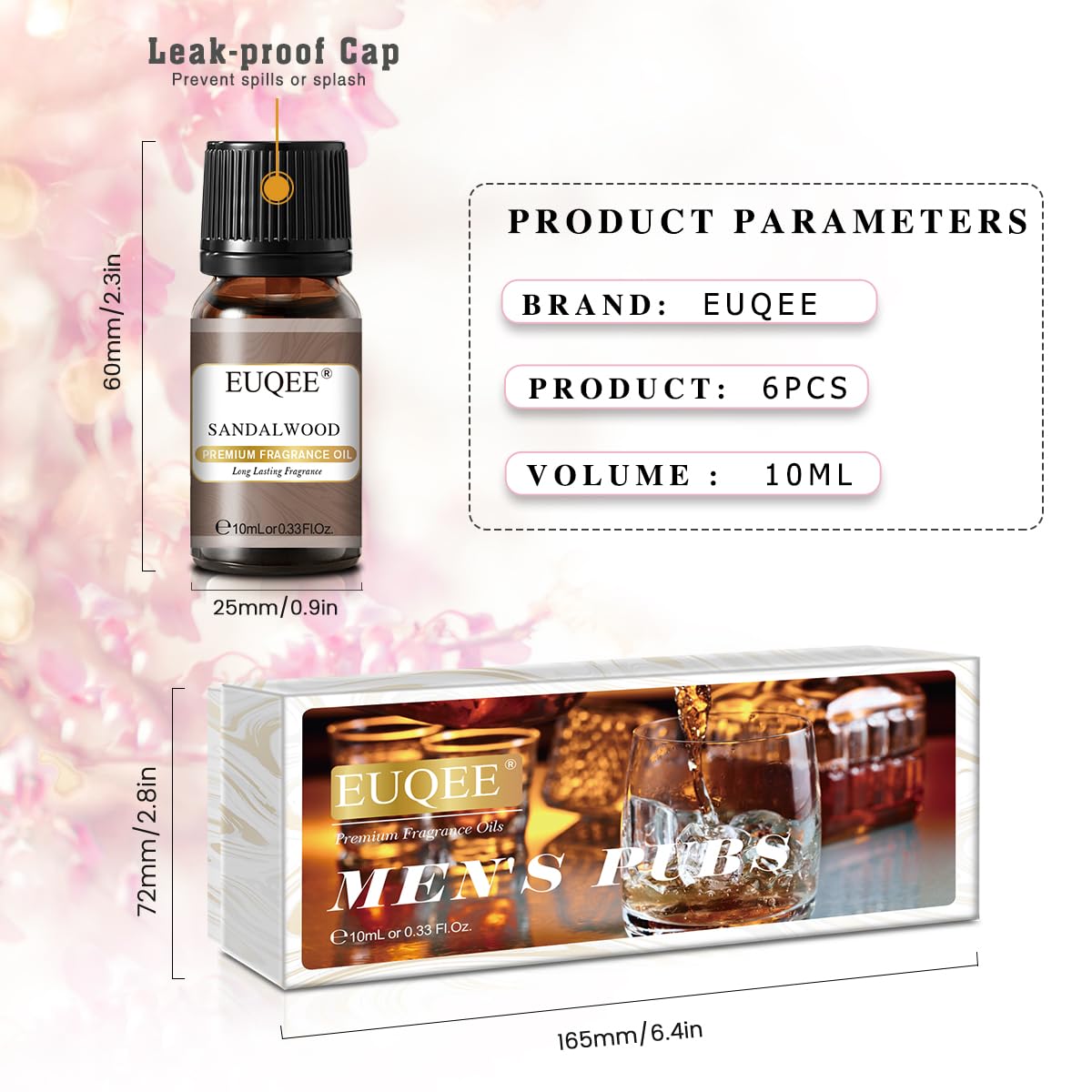 EUQEE 6PCS Fragrance Oils for Men, Men's Pubs Gift Set Premium Fragrance Oils -10ml-Leather, Honeyed Haze, Dragons Blood, Sandalwood, Bay Rum, Cedarwood (Men's Pubs)