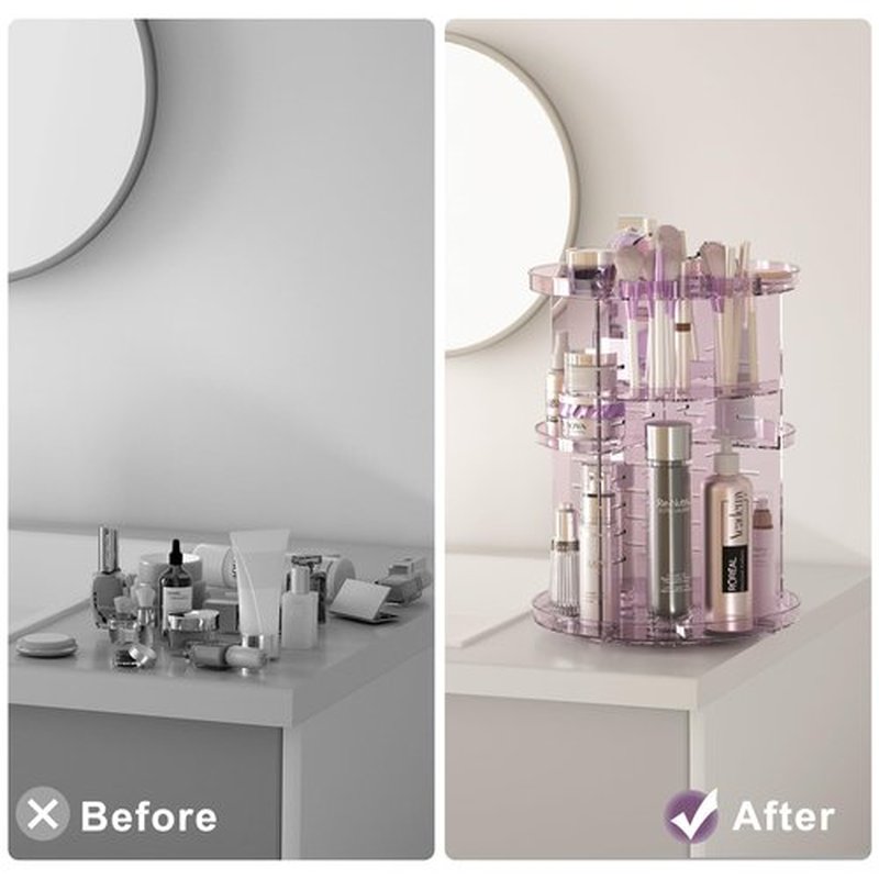 Rotating Makeup Organizer for Vanity, DIY Adjustable Tray Spinning Skincare Organizers Countertop, Cosmetic Display Case with Perfume Tray Brush Holder, Bathroom Desk Corner Storage Carousel Rack