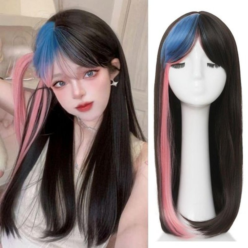 Tseses Long Straight Black Mix Pink Womens Wig Natural Synthetic Hair with Highlight Pastel Bangs Heat Resistant Middle Part Wig for Cosplay Daily Use（Black Pink and Blue）