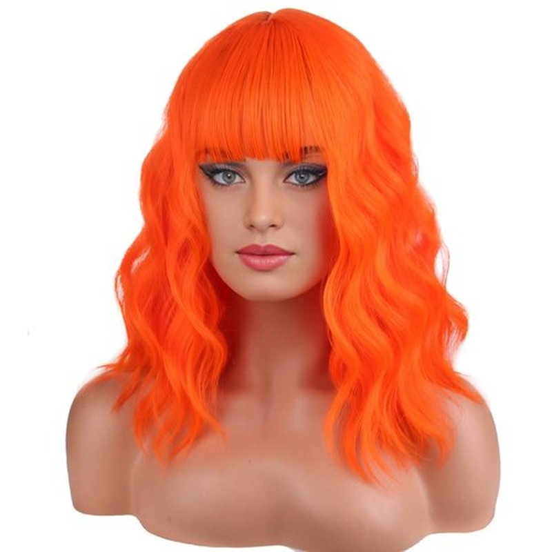 BERON 14 Inches Orange Wig Short Curly Wig Women Girl's Synthetic Wig Orange Wig with Bangs Wig Cap Included