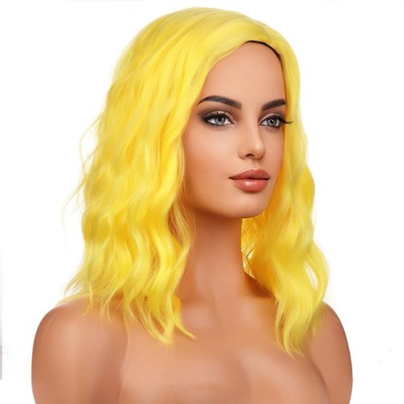 BERON 14 Inches Yellow Wig Short Curly Wig Yellow Bob Wig Charming Women Beach Wave Wigs for Party Wig Cap Include