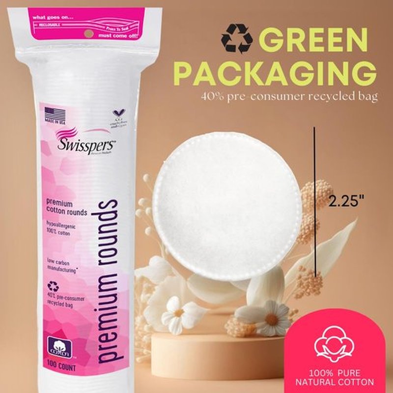 Swisspers Premium Cotton Rounds – 100 Count (Pack of 3) - 100% Pure Cotton - Soft, Absorbent, Hypoallergenic Pads for Makeup Removal, Skincare, Baby Care and Facial Cleansing - Lint Free