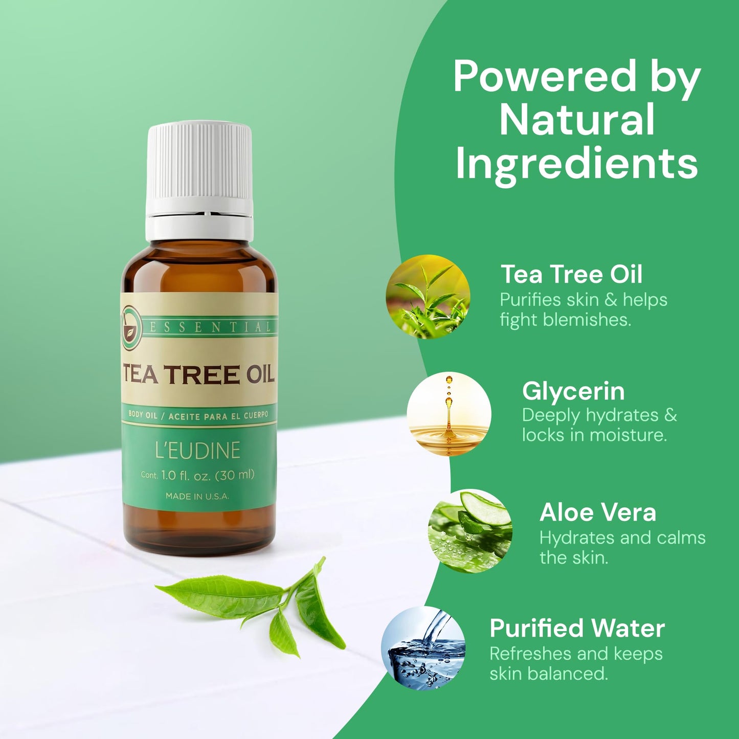 L’EUDINE Tea Tree Oil – 1fl Oz Multipurpose Body Oil for Acne, Toenail Problems, Dandruff, Skin Bites, Lice – Made in USA – All-Natural and Safe Essential Oil – Refreshing on Clothes, Cleaning