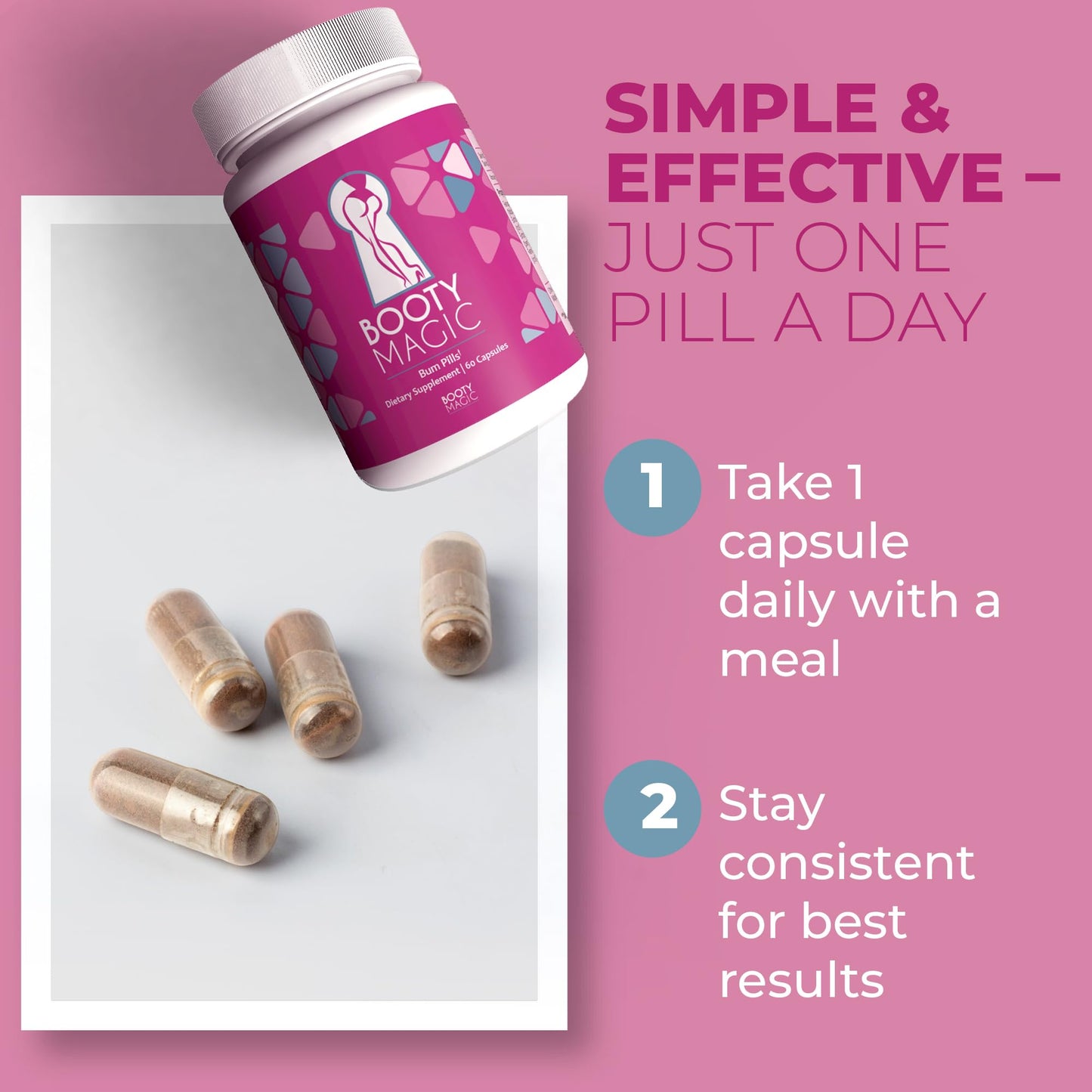 Booty Magic Butt Enhancement Pills - 2 Months Supply of Booty Pills, Bum Pills for Bigger, Rounder, Volumized Butt with Maca Root Extract, Fenugreek Extract