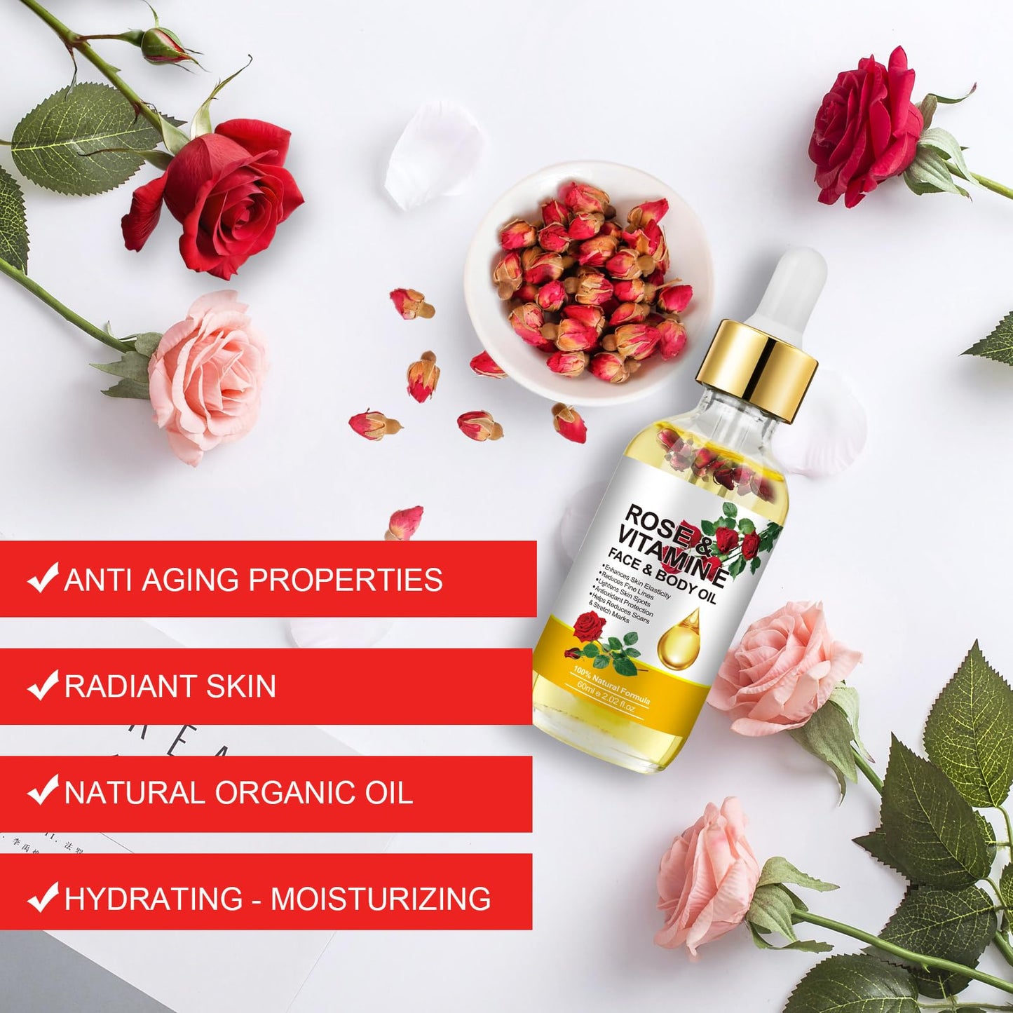 Rose Oil for Face, Vitamin E & Rose Facial Oil with Gua Sha Tool Set, Vitamin E Nourishing Moisturizing Oil for Face & Skin 2 Fl Oz ﻿