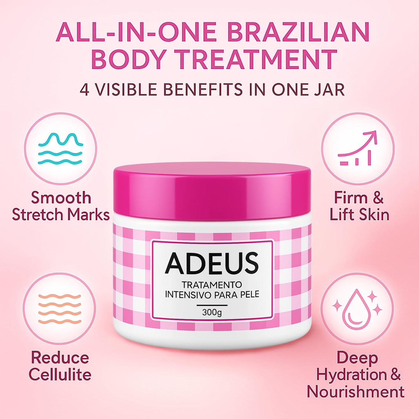 JINMAO Adeus Crema Brasileña – Intensive Multifunctional Body Treatment, Pink Stretch Mark Cream with Arnica, Ginger, Caffeine & Green Tea for Smooth, Elastic Skin – 300g