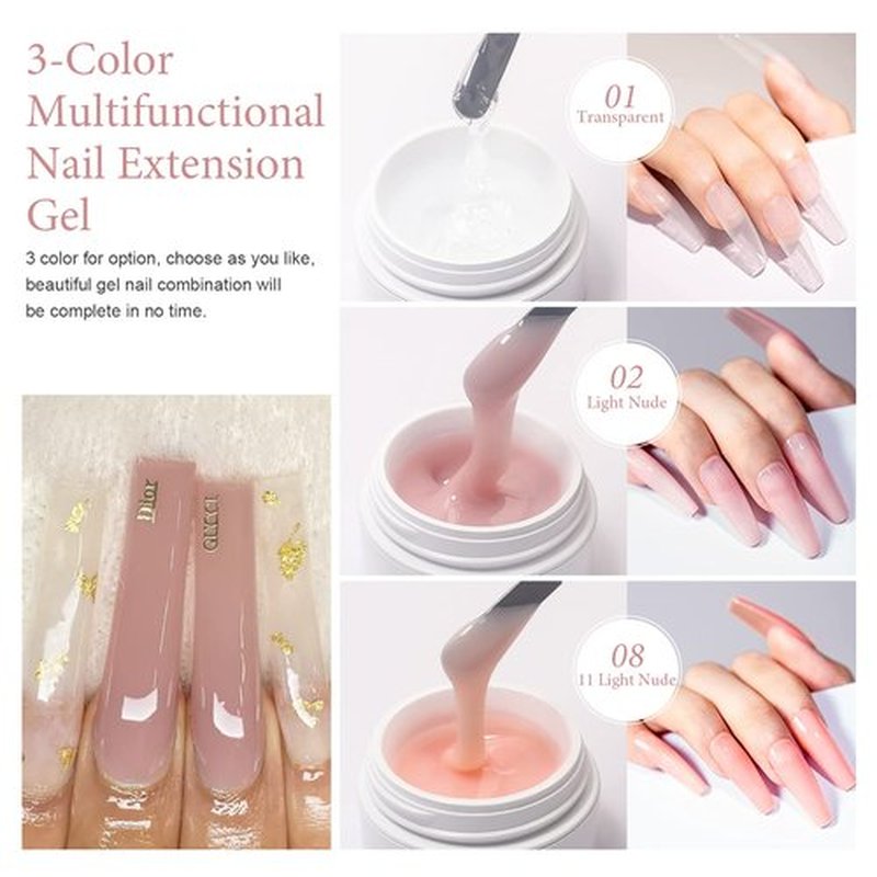 X&D Poly Gel Nail Kit Natural Clear 3 Colors Poly Nail Gel Kit Quick Dry Nail Extension Balance Builder Nail Gel Set 03