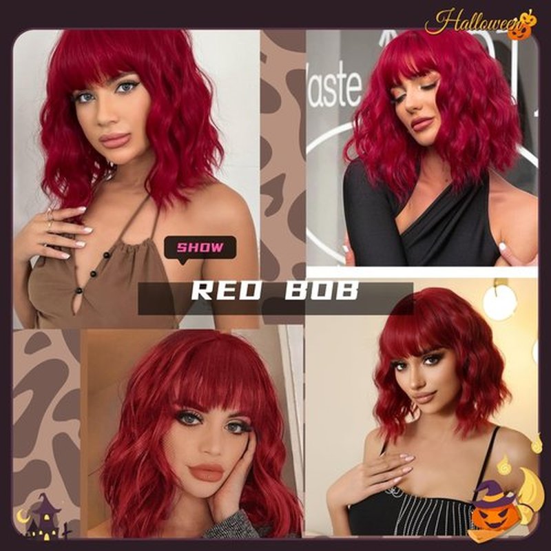 Allbell Red Wigs for Women Short Wavy Bob Wig with Bangs Heat Resistant Synthetic Hair Daily Cosplay Party Use
