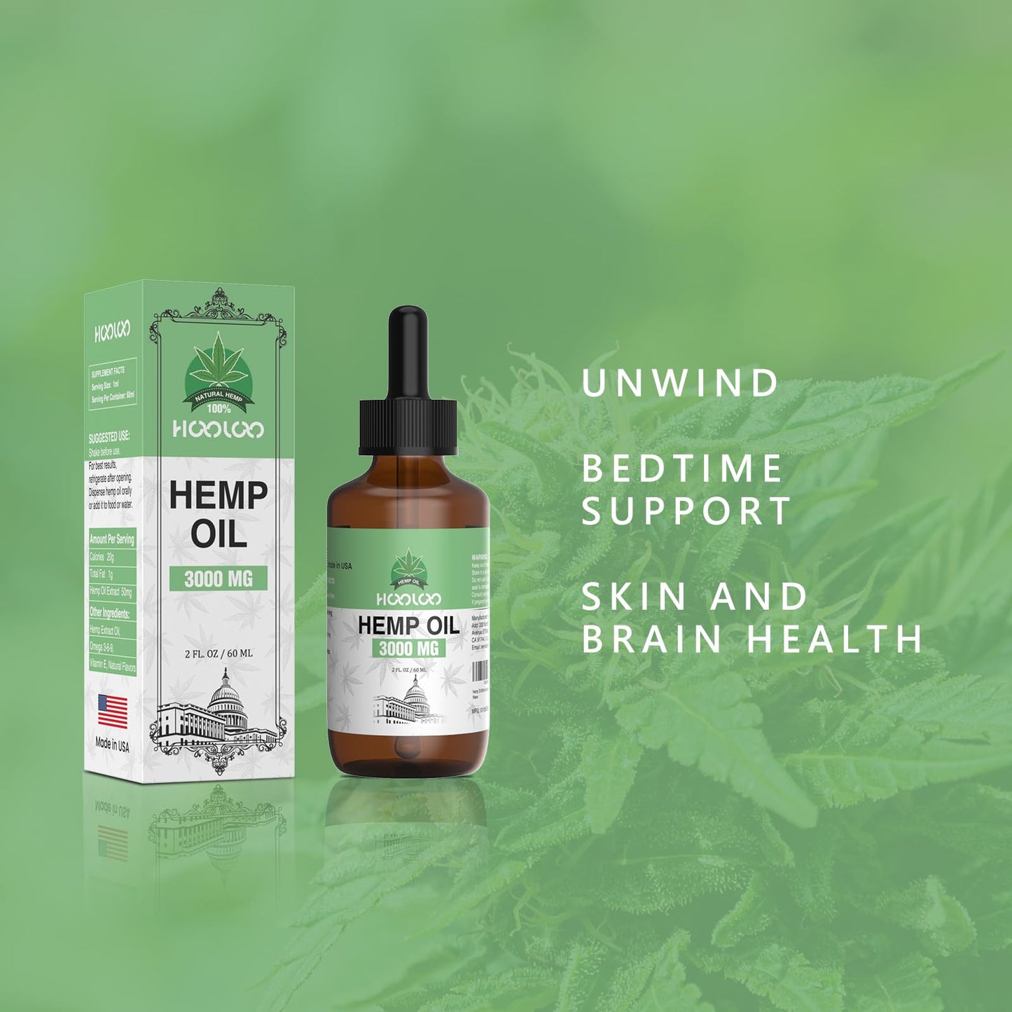 HOOLOO Hemp Oil for Adults 3000MG for Bedtime Support, Unwind, Relief Muscle Joint Discomfort, Allergen Free, 2Fl Oz, Made in USA