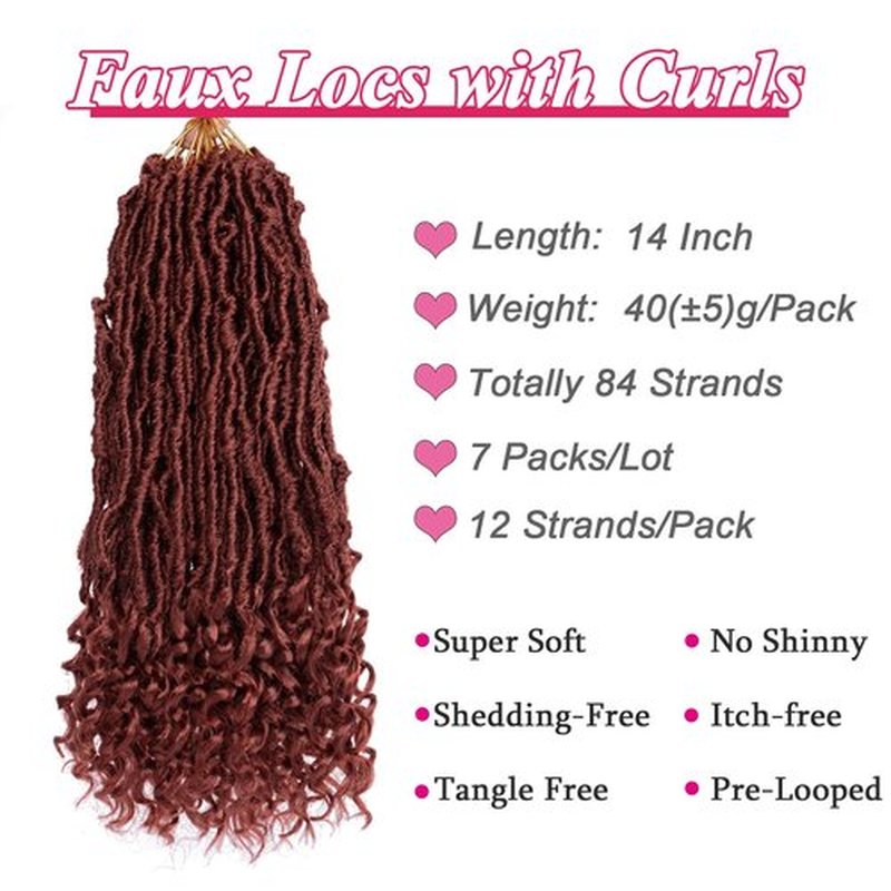 Leeven 14 Inch Cooper Red Faux Locs Crochet Hair 7 Packs Bohemian Goddess Locs Crochet Hair With Curly Ends 350# Synthetic Wavy Soft Locs Crochet Hair With Curls At The End for Black women