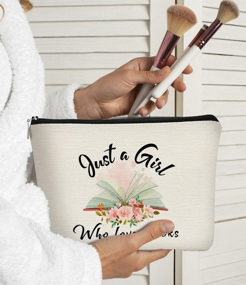 BARPERY Book Lovers Gifts Small Makeup Bag, Bookish Gifts for Book Lovers for Women Cosmetic Bag, Birthday Gift Ideas for Reader Just A Girl Who Loves Books