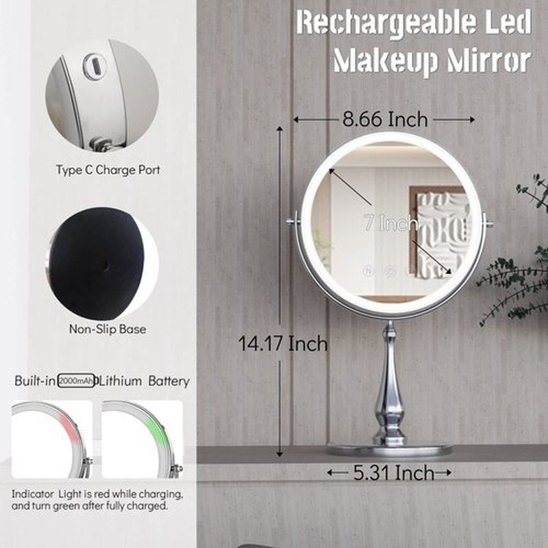 WIZCHARK 9" Large Lighted Makeup Mirror, 1X/10X Magnifying Vanity Mirror with 3 Colors Dimmable Lightning, 80 LED Lights, 360°Rotation Double Sided Standing Desk Mirror