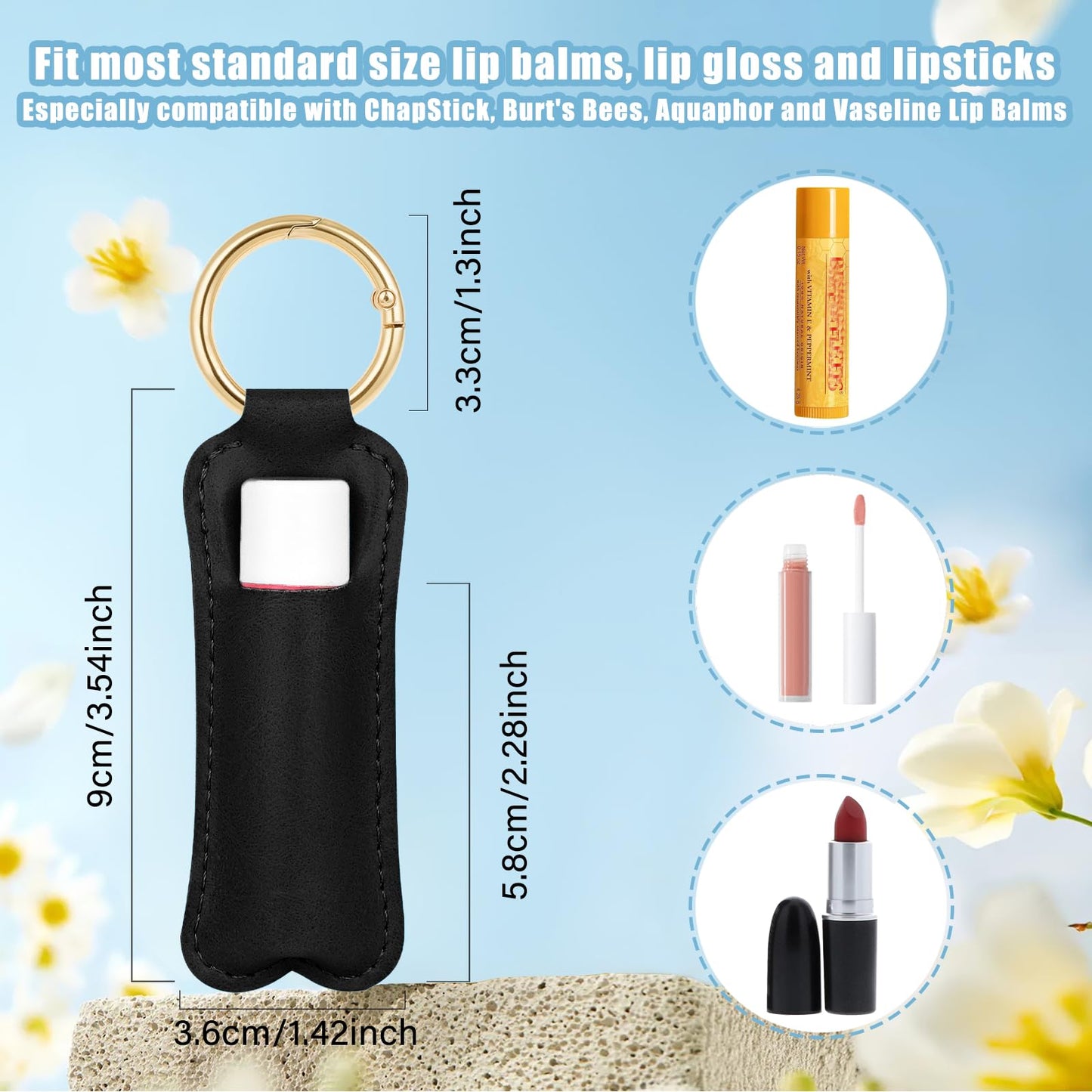 WK IEASON Lip Balm Holder Keychain Clip On PU Leather Lipstick Sleeve Pouch Lip Gloss Holder Lip Balm Sleeve Holder Keychain 3PCS（Matte Black）