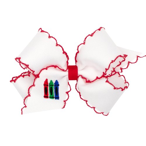 Wee Ones Girls Grosgrain Hair Bow with Red Moonstitch Edge and Crayon Embroidery on a WeeStay Clip with Plain Wrap, Medium, Crayons Red