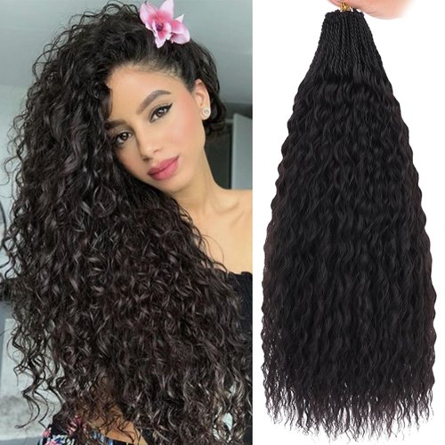 Xtrend Pre Looped Micro Brazilian Kinky Curly Crochet Hair 24 Inch 8 Packs Black Micro Curly Braiding Hair Extensions Synthetic Deep Wave For Mini Senegalese Twist Hair For Boho (30 Strands/Pack，1B#)