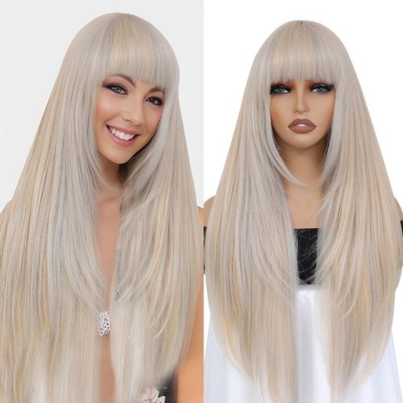 meiliprotea Blonde Striaght Layered Wig with Bangs Wear and Go Glueless Wig 30 Inch Blonde Wig with Bangs Layered Cut Long Straight Synthetic Wig for Women Daily Use(Blonde)