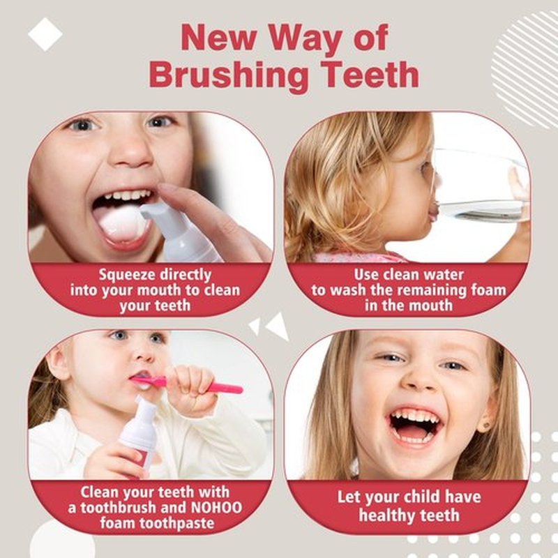 NOHOO Kids Foam Toothpaste with Fruit Flavor,Fluoride Free Natural Formul, Foam Toothpaste for Electric Toothbrush,Suitable for Toddler's Oral Cleaning and Cavity Prevention (2Strawberry+2Peach)