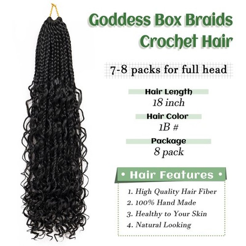 Eerya 8 Packs Boho Box Braids Crochet Hair for Black Women 18 Inch Goddess Box Braids Pre-looped Bohemian Crochet Box Braids With Curly Ends Synthetic Crochet Hair Extensions (18 inch, 1B)