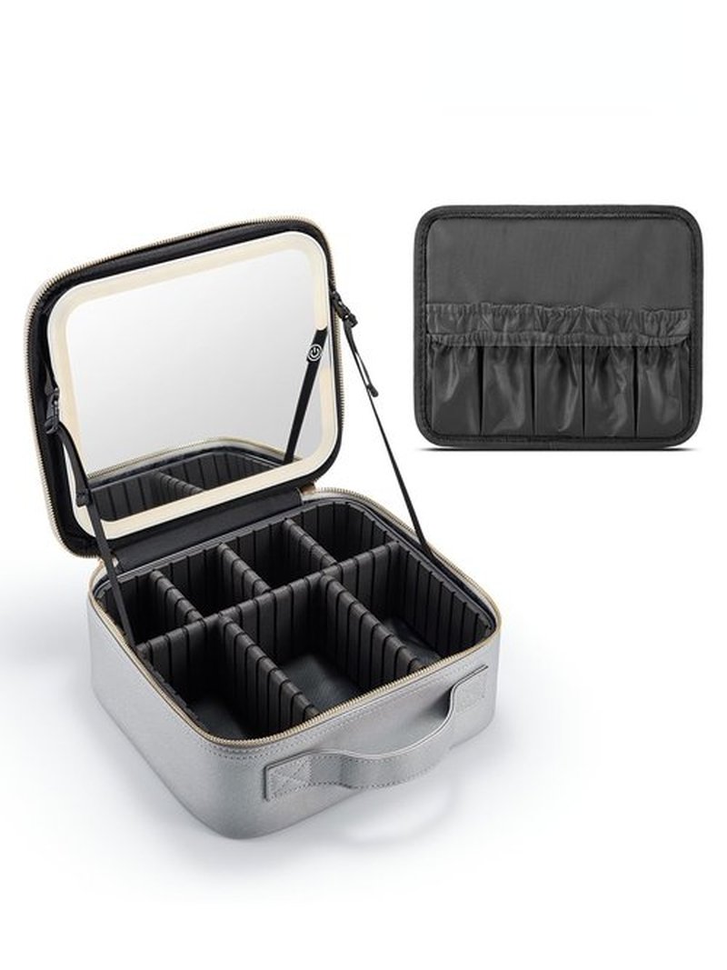 MIRRORNOVA Travel Makeup Bag with Lighted Mirror，Makeup Train Case with Adjustable Dividers and 3 Light Modes, PVC, Silver