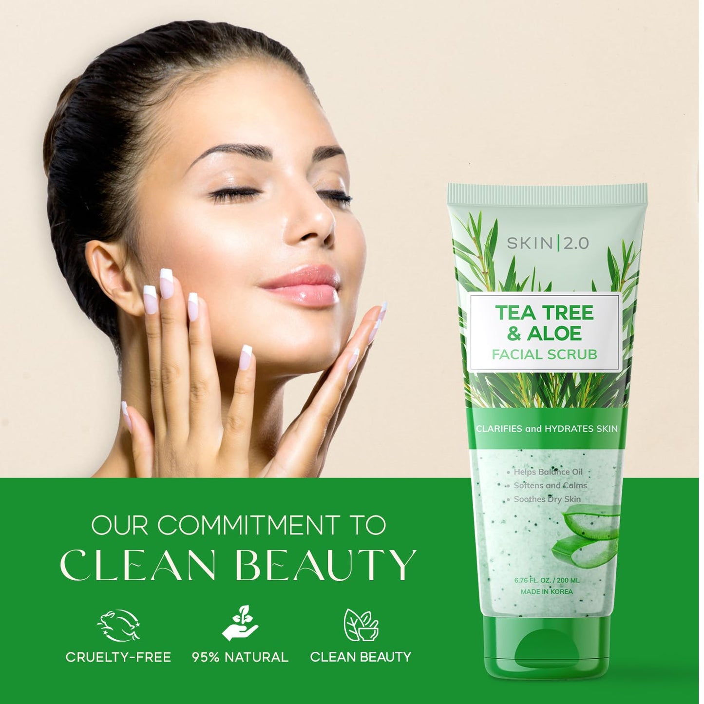 Skin 2.0 Tea Tree & Aloe Gentle Exfoliating Scrub - Dermatologist Tested, Multi-Tasking Cleanser, Clears Skin - Anti-Aging, Clean Beauty, Cruelty-Free Korean Skincare for All Skin Types - 6.76 Fl Oz