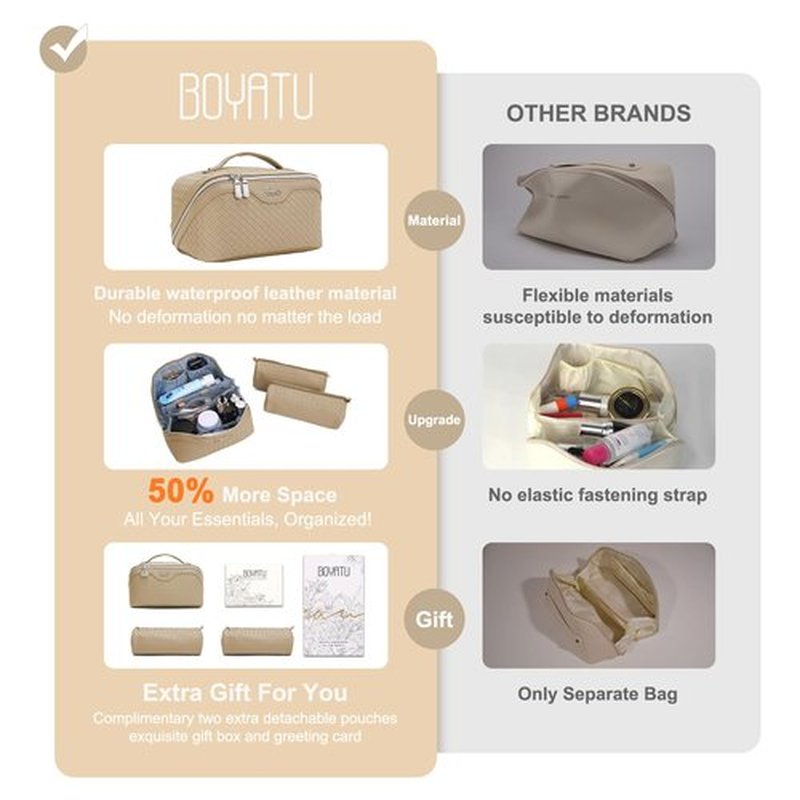 BOYATU Makeup Bag Travel Cosmetic Case: Large Capacity Woven Cosmetic Bag Organizer - Portable Toiletry Bags with Handle for Women 1-Z-Apricot
