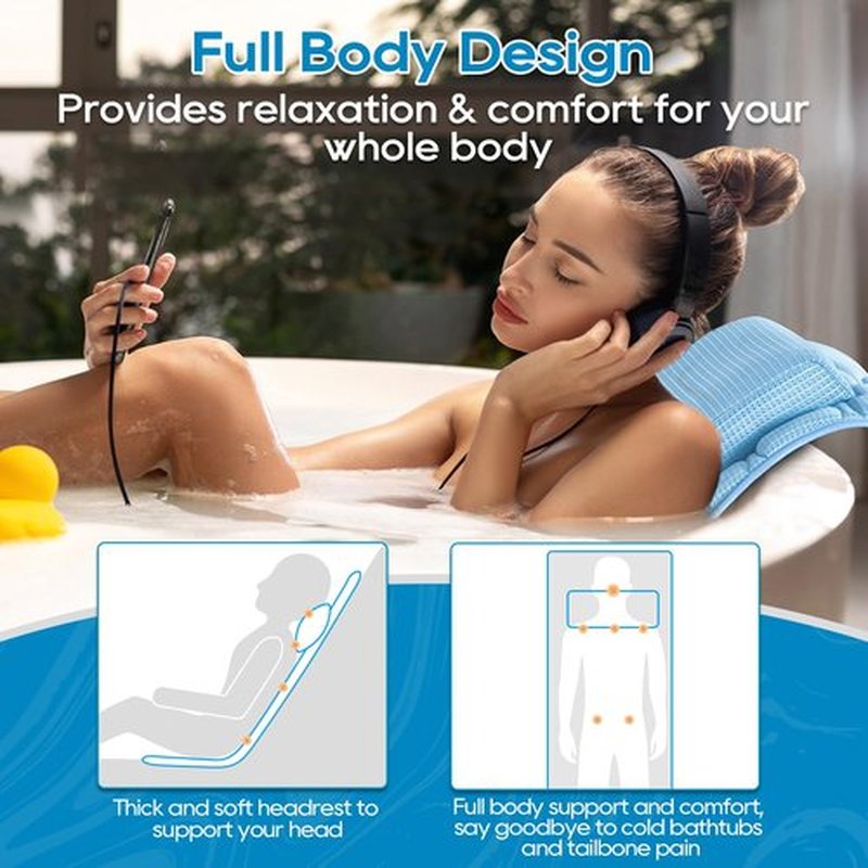 Full Body Bath Pillow, Bath Pillows for tub with Mesh Washing Bag & 21 Non-Slip Suction Cups, Spa Bathtub Pillow for Head Neck Shoulder and Back Support - 5D Air Mesh & Quick Drying | Blue