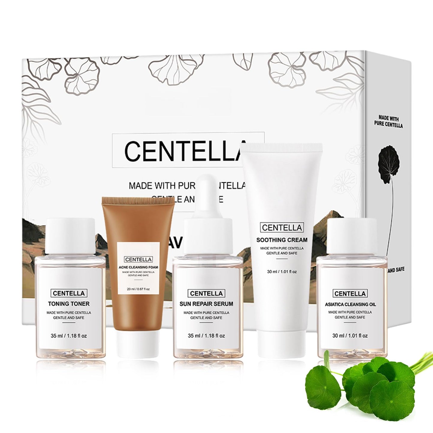 Centella Travel Kit, Toner, Sun Repair Serum, Soothing Cream, Cleansing Oil, Acne Cleansing Foam, Basic Mini Size Skin Care Kit Box & Gift Set for Women, Stocking Stuffers