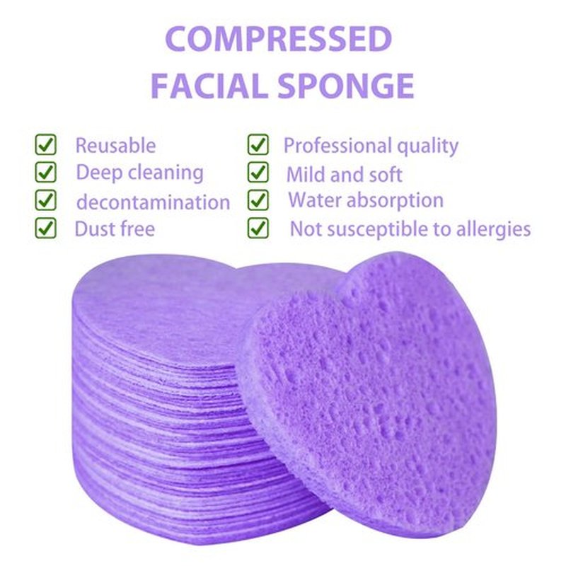 50-Count Facial Sponges Compressed, 100% Natural Cellulose Face Sponge Professional Cosmetic Spa Sponges for Face Cleansing, Exfoliating Mask, Makeup Removal for Travel and Home, Purple