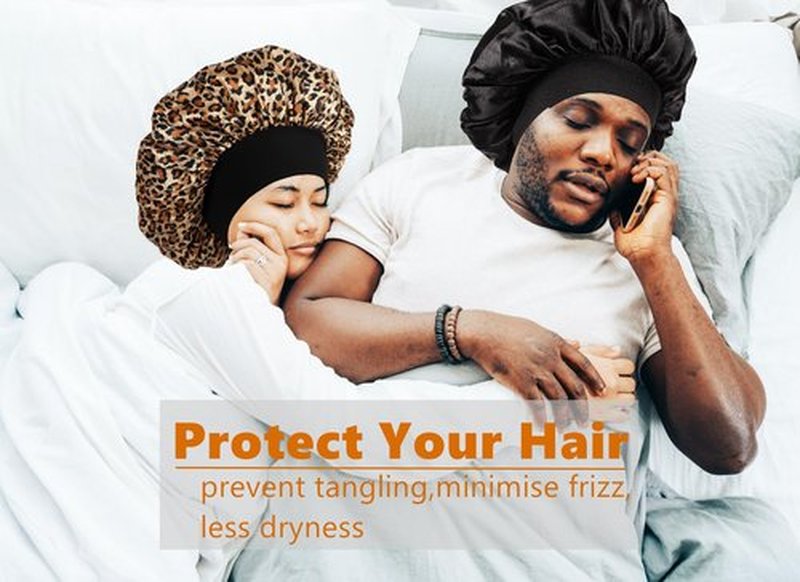 Bonnet for Men,Hair Bonnet for Sleeping,Double Layer Satin Bonnets for Black Women Curly Hair Braids,Reversible Sleep Cap (Large,Black/Leopard)