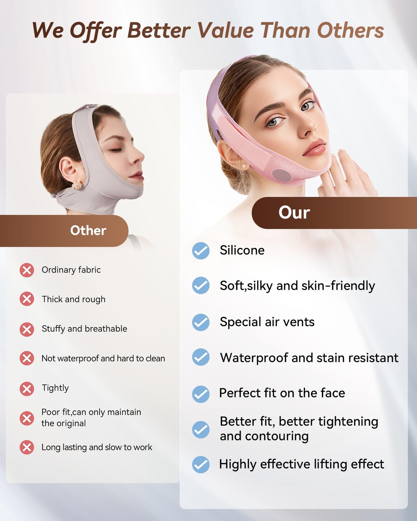 Reusable V-Line Sculpting Face Mask – Silicone Chin Strap for Jawline Tightening & Double Chin Reduction (23-27 Inches) (Pink) -01