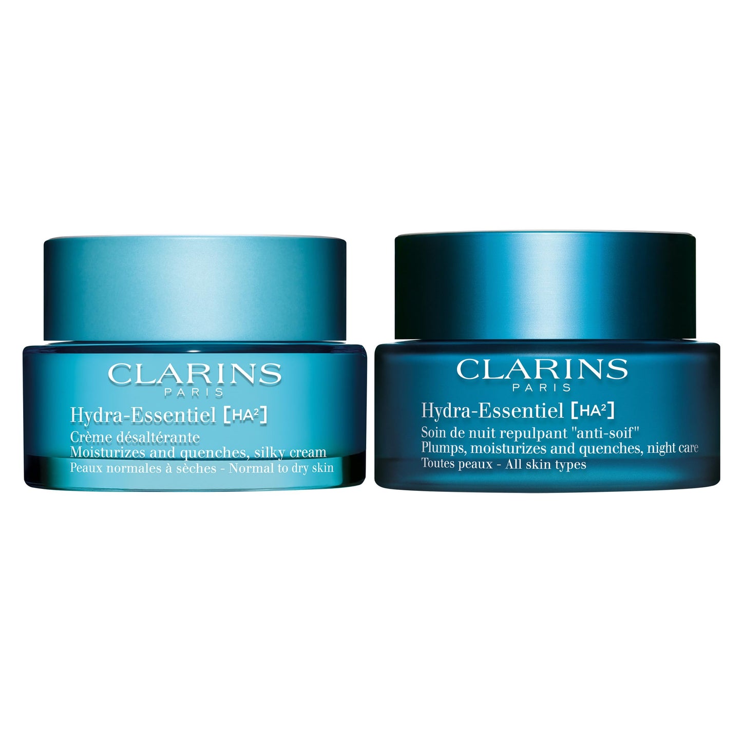 Clarins Hydra-Essentiel Silky Cream and Night Cream Intensely Hydrating Bundle | 60 Seconds to Plumper Skin*| 24H hydration**| Daytime Face Moisturizer for Normal to Dry Skin |Contains Hyaluronic Acid