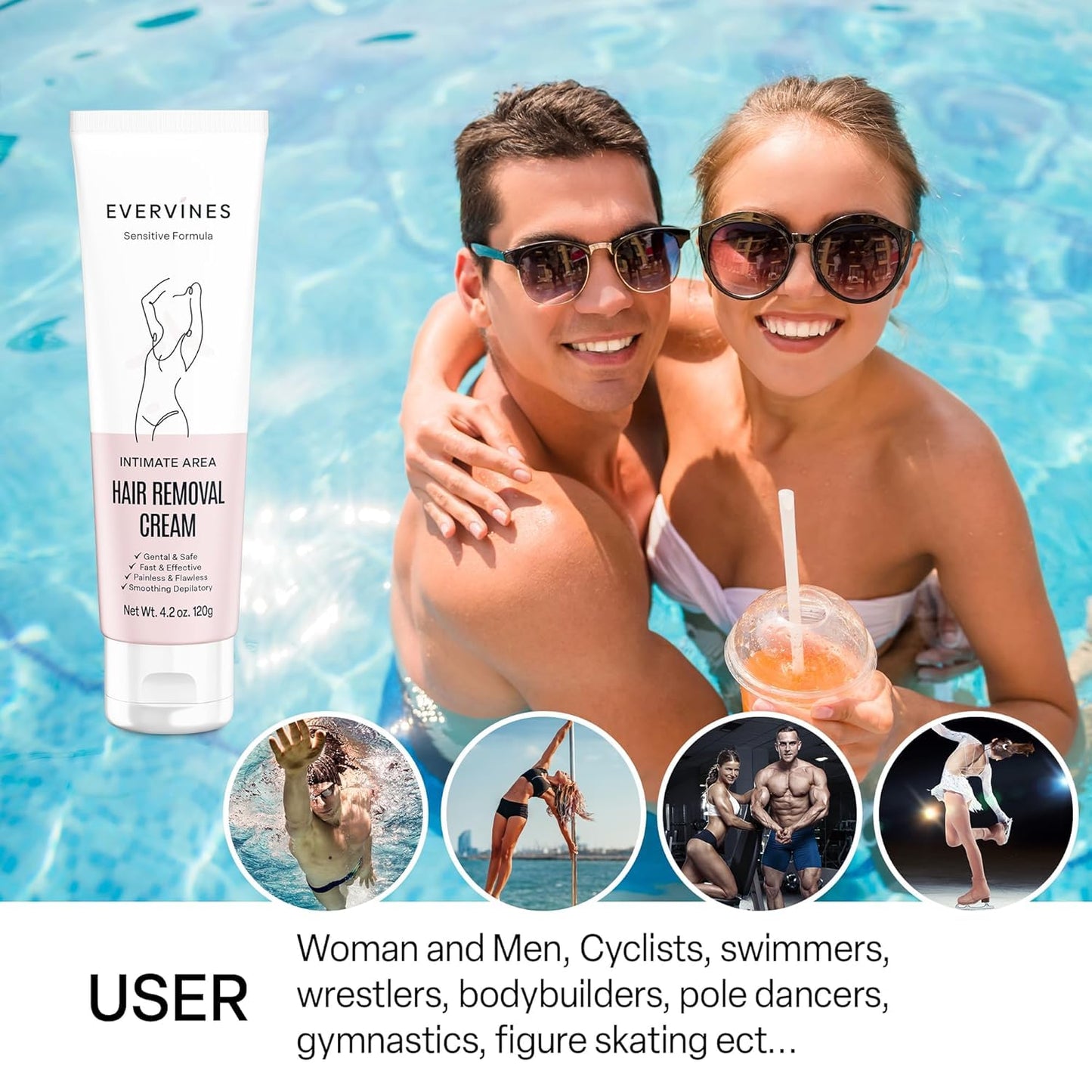 Evervines Hair Removal Cream for Women: Fast, Painless Depilatory for Bikini, Pubic, Legs, Arms, Underarms – Sensitive Skin Safe, Travel & Home Use with Scraper – 4.2oz (1 pack)